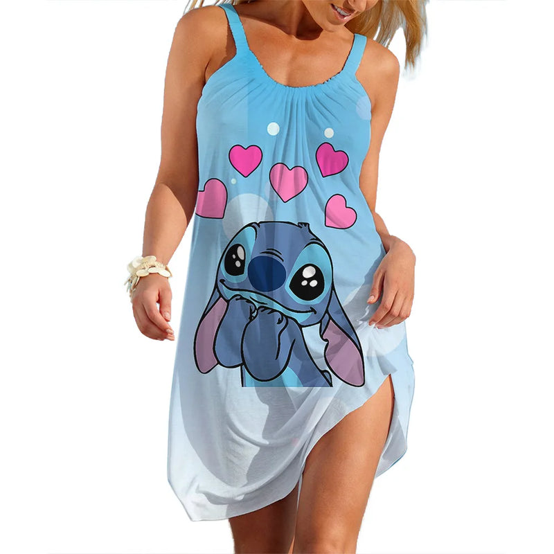 Vestidos Disney Stitch para Mulheres Festa Praia Vestidos Sem Mangas Vermelho Verão Casual Sling Sexy Skinny Seaside Wear