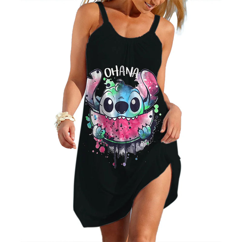 Vestidos Disney Stitch para Mulheres Festa Praia Vestidos Sem Mangas Vermelho Verão Casual Sling Sexy Skinny Seaside Wear