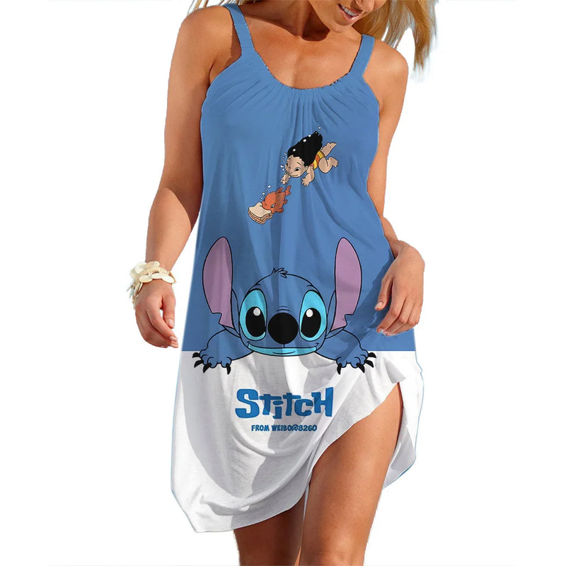 Vestidos Disney Stitch para Mulheres Festa Praia Vestidos Sem Mangas Vermelho Verão Casual Sling Sexy Skinny Seaside Wear