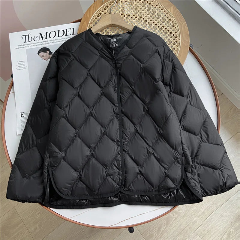 Janveny 2024 Nova Jaqueta Puffer Macia Ultra Leve Outono Inverno Sem Gola Feminina Casual Solta Trespassado 90% Casaco de Penas de Pato