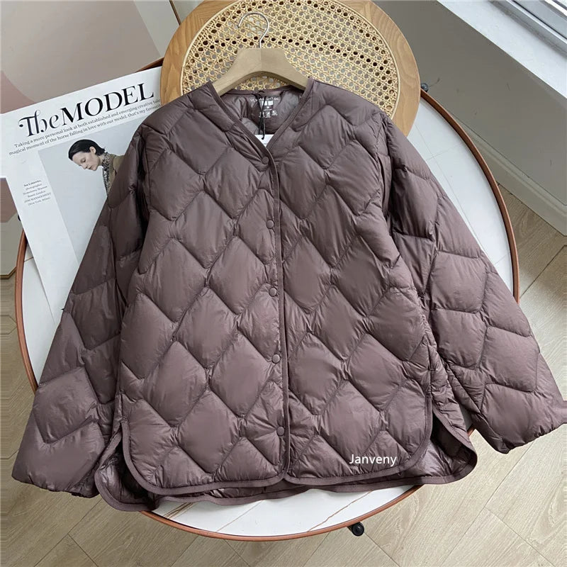 Janveny 2024 Nova Jaqueta Puffer Macia Ultra Leve Outono Inverno Sem Gola Feminina Casual Solta Trespassado 90% Casaco de Penas de Pato