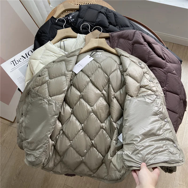 Janveny 2024 Nova Jaqueta Puffer Macia Ultra Leve Outono Inverno Sem Gola Feminina Casual Solta Trespassado 90% Casaco de Penas de Pato