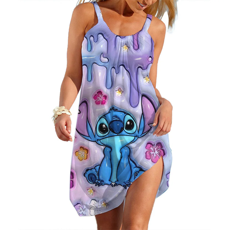 Vestidos Disney Stitch para Mulheres Festa Praia Vestidos Sem Mangas Vermelho Verão Casual Sling Sexy Skinny Seaside Wear