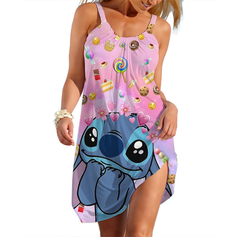 Vestidos Disney Stitch para Mulheres Festa Praia Vestidos Sem Mangas Vermelho Verão Casual Sling Sexy Skinny Seaside Wear