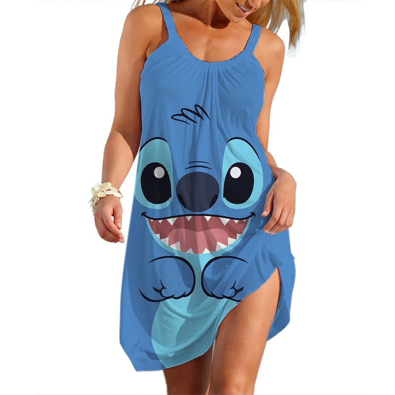 Vestidos Disney Stitch para Mulheres Festa Praia Vestidos Sem Mangas Vermelho Verão Casual Sling Sexy Skinny Seaside Wear