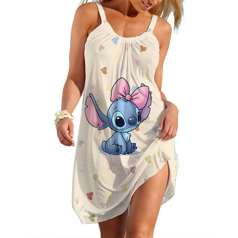 Vestidos Disney Stitch para Mulheres Festa Praia Vestidos Sem Mangas Vermelho Verão Casual Sling Sexy Skinny Seaside Wear