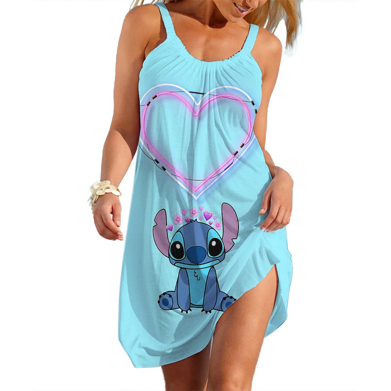 Vestidos Disney Stitch para Mulheres Festa Praia Vestidos Sem Mangas Vermelho Verão Casual Sling Sexy Skinny Seaside Wear