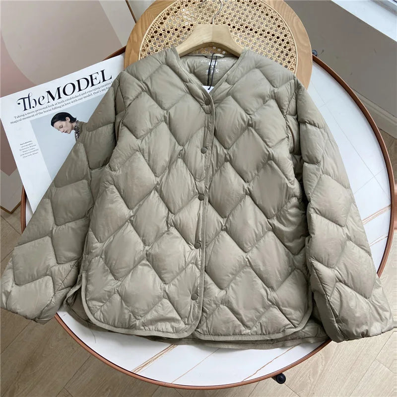 Janveny 2024 Nova Jaqueta Puffer Macia Ultra Leve Outono Inverno Sem Gola Feminina Casual Solta Trespassado 90% Casaco de Penas de Pato